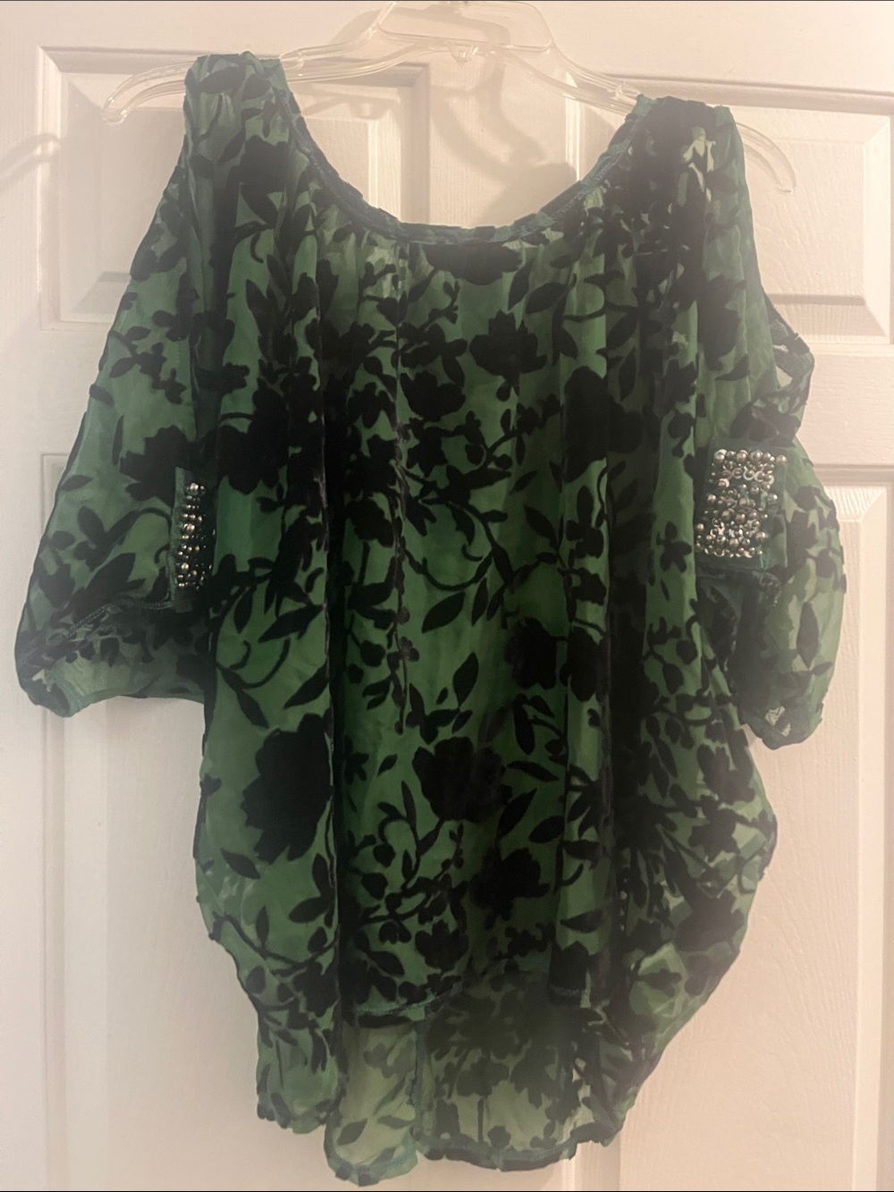 Green Floral Cold-Shoulder Blouse with Beaded Accents